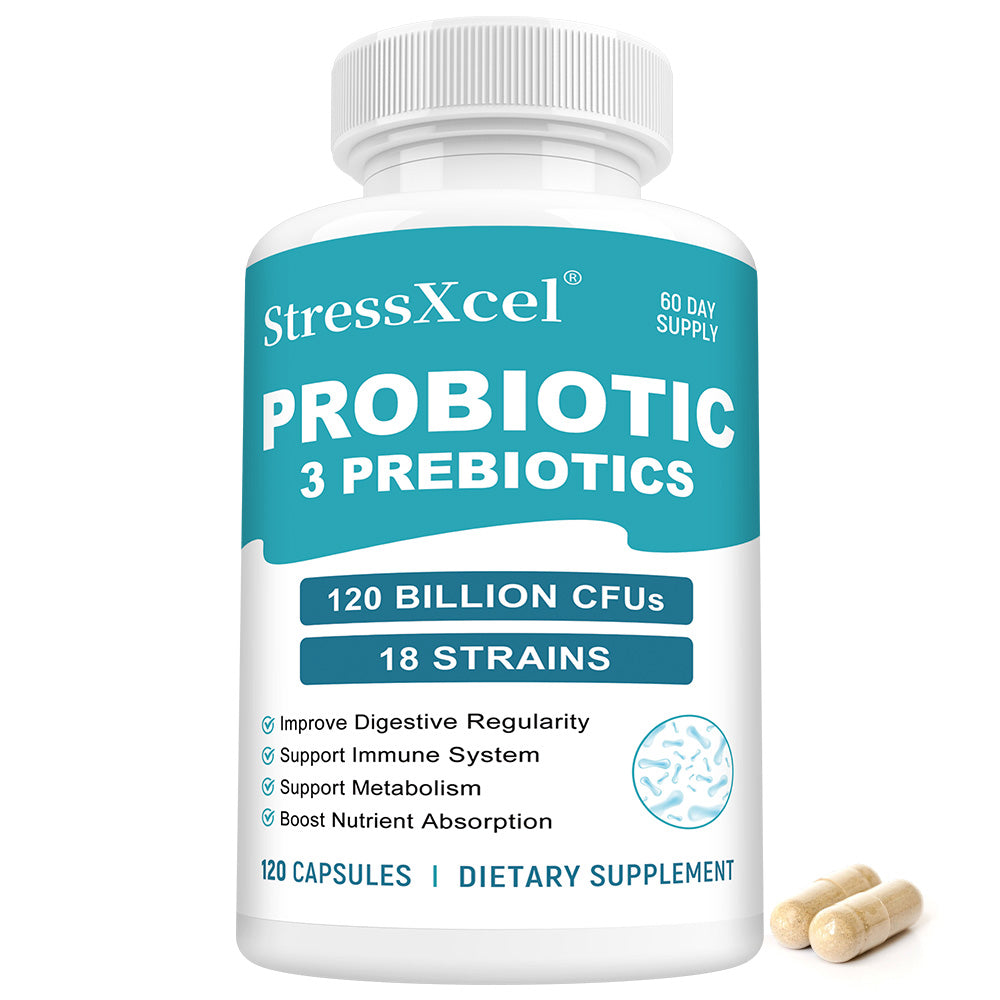 StressXcel Probiotic 3 Prebiotics | Gut & Immune Support, 18 Strains Probiotic Capsules