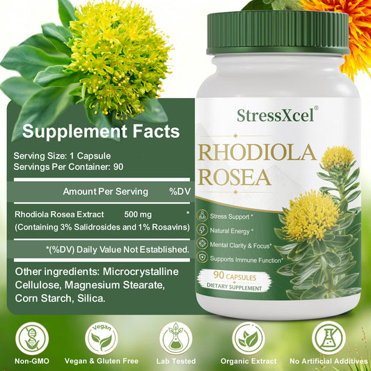 Rhodiola Rosea Extract Supplement 90 Capsules – Stress Relief, Energy & Mental Focus Support