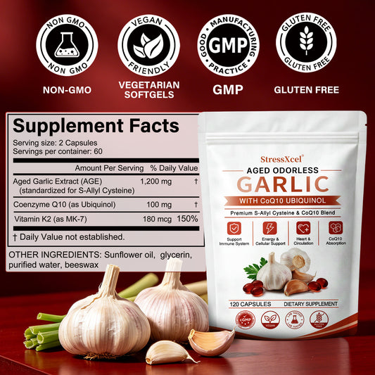 Odorless Aged Garlic Extract with Ubiquinol CoQ10 120 Capsules – Heart Health, Circulation & Immune Support Supplement