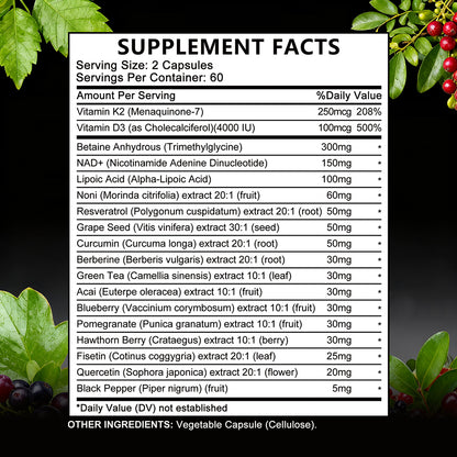 StressXcel® 18-in-1 NAD+ Supplement – Resveratrol, Berberine, Fisetin & Quercetin Capsules for Anti-Aging, Cellular Repair & Vitality (120 Capsules)
