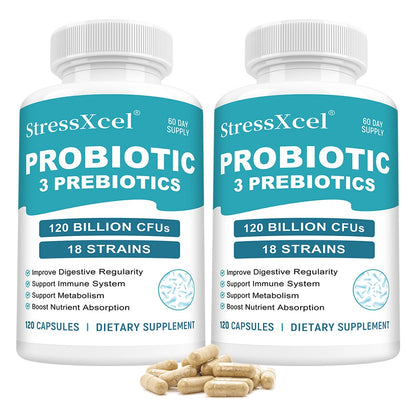 StressXcel Probiotic 3 Prebiotics | Gut & Immune Support, 18 Strains Probiotic Capsules