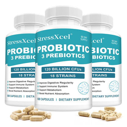 StressXcel Probiotic 3 Prebiotics | Gut & Immune Support, 18 Strains Probiotic Capsules