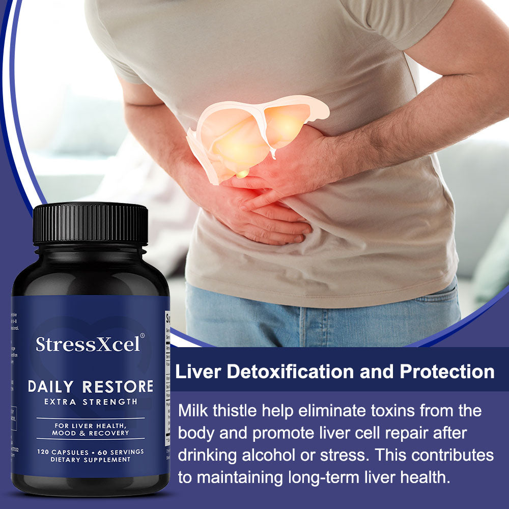 StressXcel® Daily Restore Extra Strength – Milk Thistle & Ashwagandha Supplement for Liver Health, Mood & Recovery (120 Capsules)