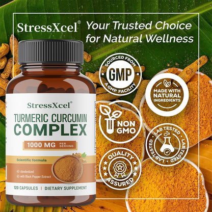 StressXcel® Turmeric Curcumin Complex 1000mg with Black Pepper Extract – High Absorption Joint Support & Anti-Inflammatory Formula (120 Capsules)