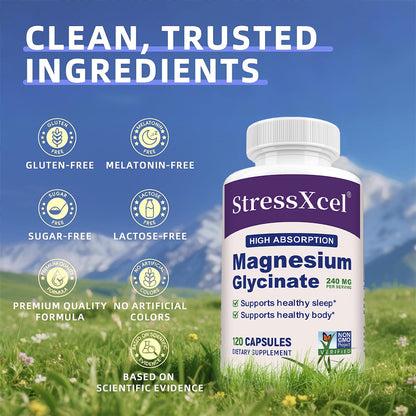 StressXcel® High Absorption Magnesium Glycinate 240mg – Premium Sleep, Muscle Relaxation & Calm Support Supplement (120 Capsules)