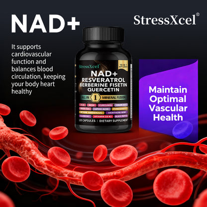 StressXcel® 18-in-1 NAD+ Supplement – Resveratrol, Berberine, Fisetin & Quercetin Capsules for Anti-Aging, Cellular Repair & Vitality (120 Capsules)