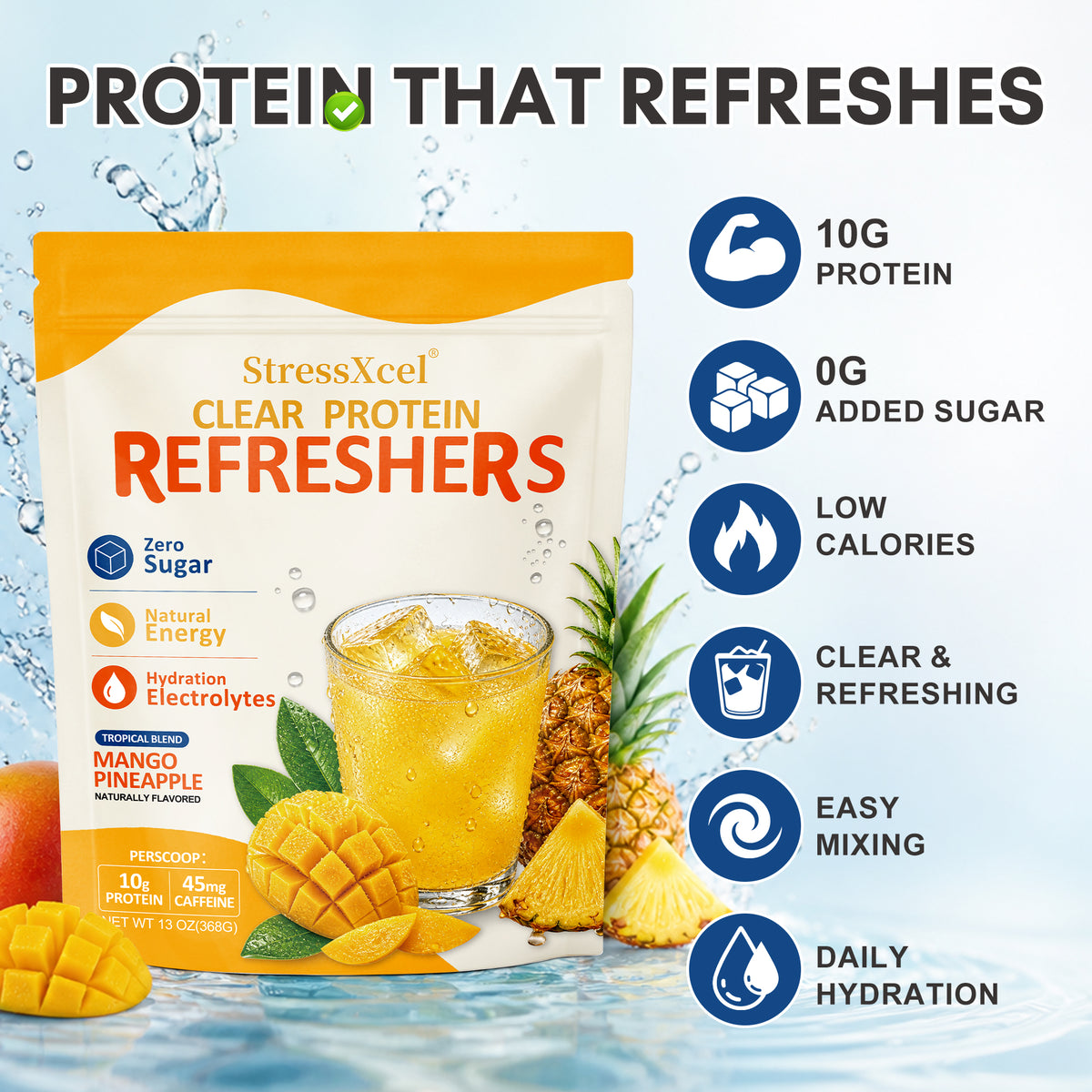 Mango Pineapple Clear Protein Powder | Electrolyte Hydration Drink Mix with 10g Protein