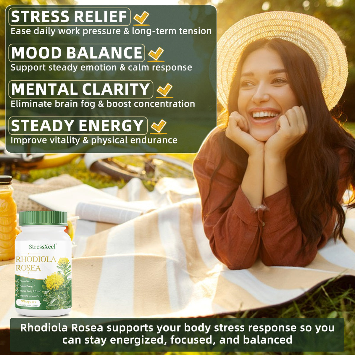 Rhodiola Rosea Extract Supplement 90 Capsules – Stress Relief, Energy & Mental Focus Support