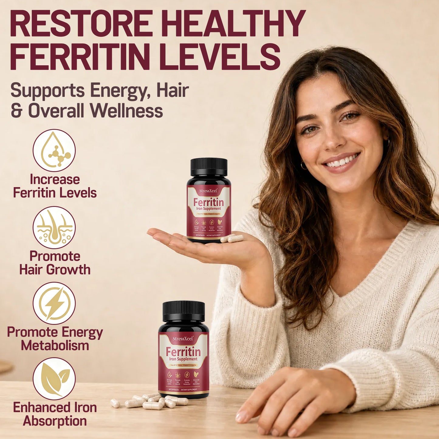 Ferritin Iron Supplement Capsules | Iron, Vitamin B12, Folate & Vitamin C Complex for Energy Support