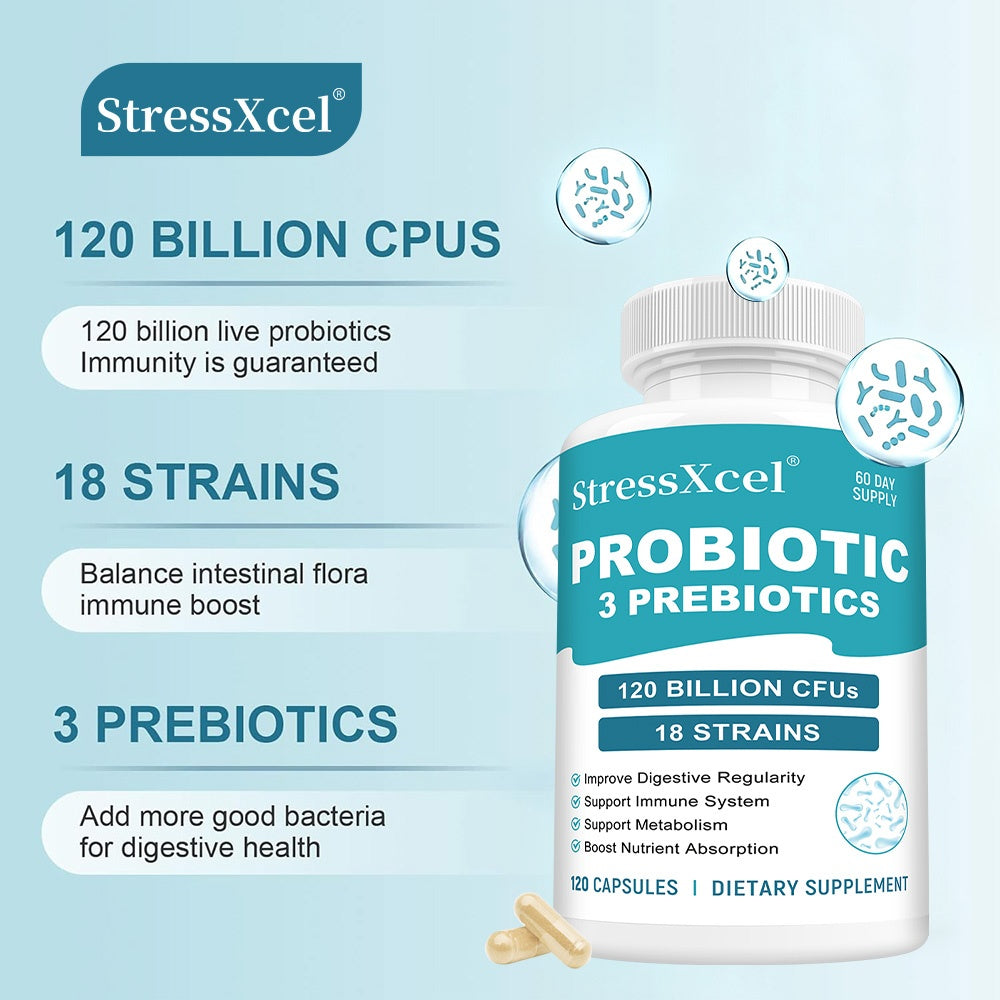 StressXcel Probiotic 3 Prebiotics | Gut & Immune Support, 18 Strains Probiotic Capsules