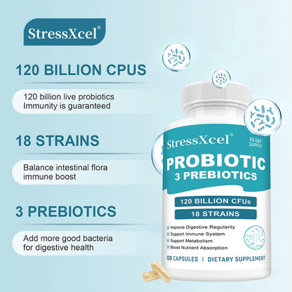 StressXcel Probiotic 3 Prebiotics | Gut & Immune Support, 18 Strains Probiotic Capsules