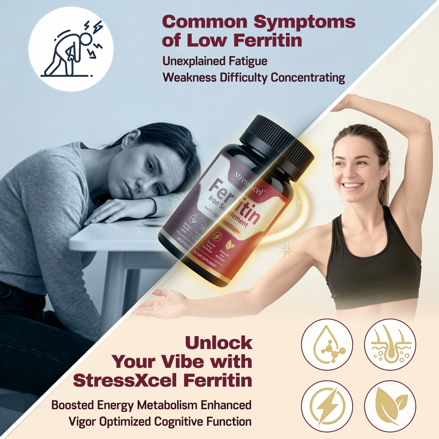 Ferritin Iron Supplement Capsules | Iron, Vitamin B12, Folate & Vitamin C Complex for Energy Support