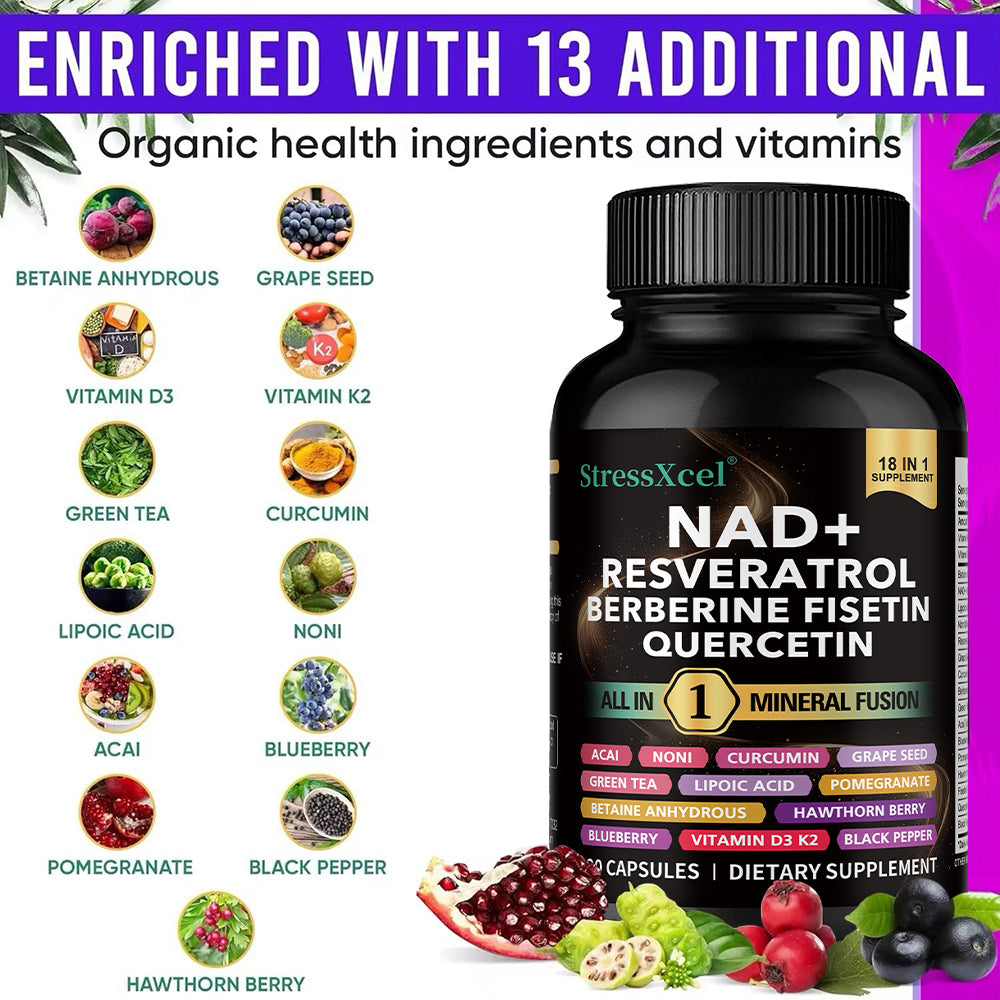StressXcel® 18-in-1 NAD+ Supplement – Resveratrol, Berberine, Fisetin & Quercetin Capsules for Anti-Aging, Cellular Repair & Vitality (120 Capsules)
