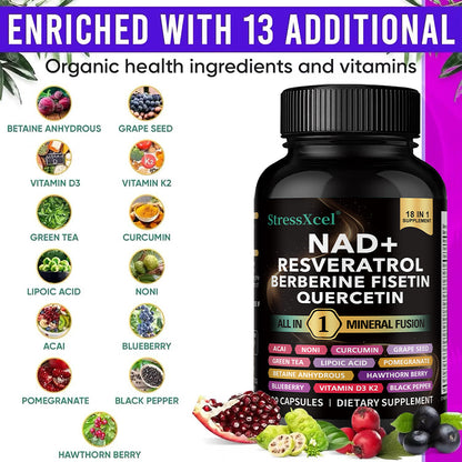 StressXcel® 18-in-1 NAD+ Supplement – Resveratrol, Berberine, Fisetin & Quercetin Capsules for Anti-Aging, Cellular Repair & Vitality (120 Capsules)