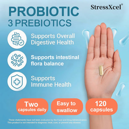 StressXcel Probiotic 3 Prebiotics | Gut & Immune Support, 18 Strains Probiotic Capsules