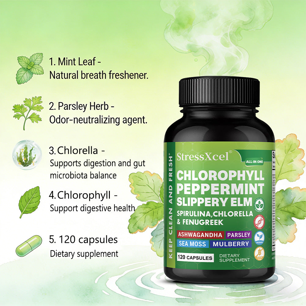 StressXcel® All-In-One Chlorophyll & Peppermint Supplement – Slippery Elm, Spirulina & Sea Moss Capsules for Body Odor, Breath Freshness & Gut Detox (120 Capsules)