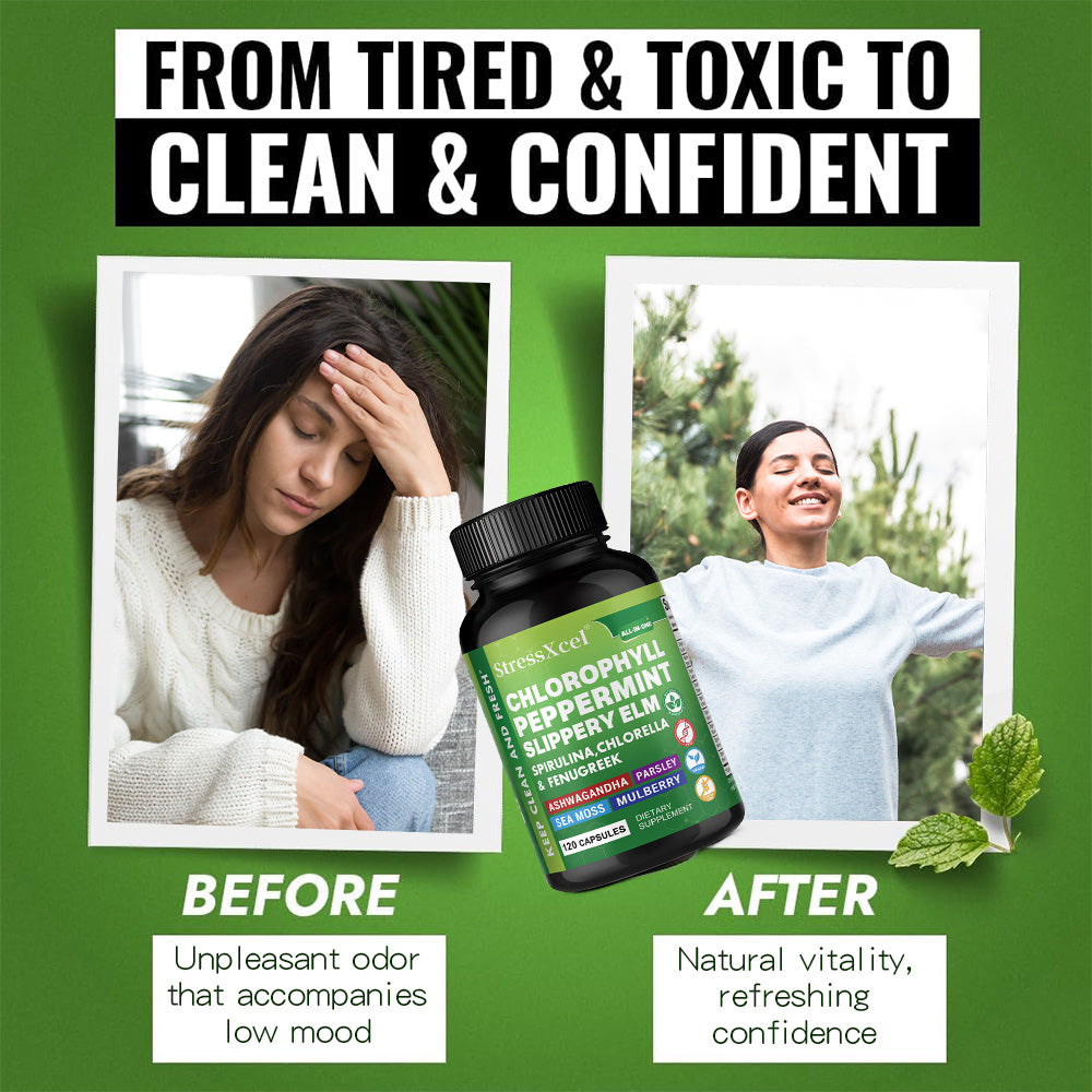 StressXcel® All-In-One Chlorophyll & Peppermint Supplement – Slippery Elm, Spirulina & Sea Moss Capsules for Body Odor, Breath Freshness & Gut Detox (120 Capsules)
