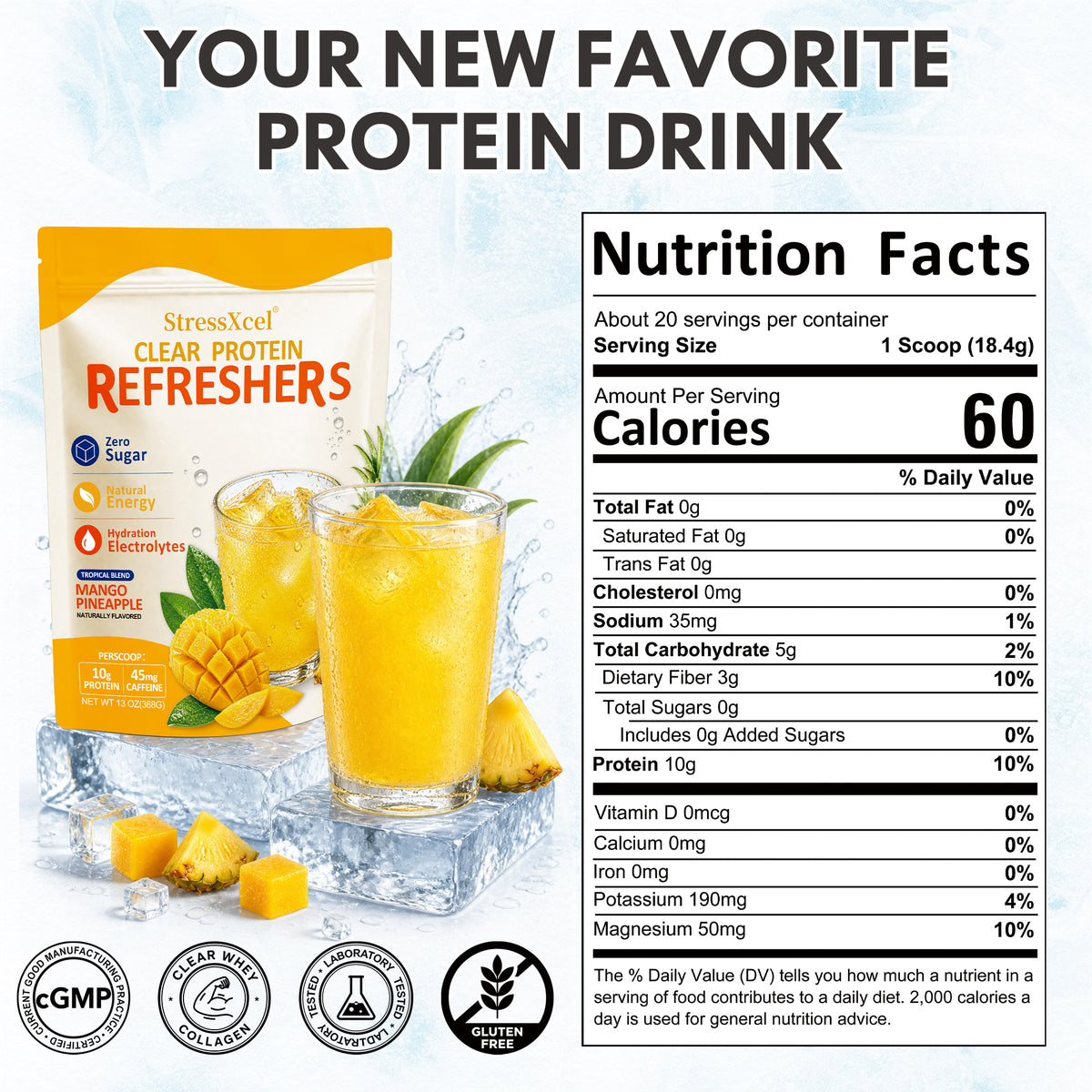 Mango Pineapple Clear Protein Powder | Electrolyte Hydration Drink Mix with 10g Protein