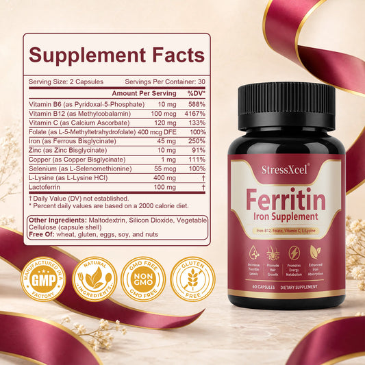 Ferritin Iron Supplement Capsules | Iron, Vitamin B12, Folate & Vitamin C Complex for Energy Support