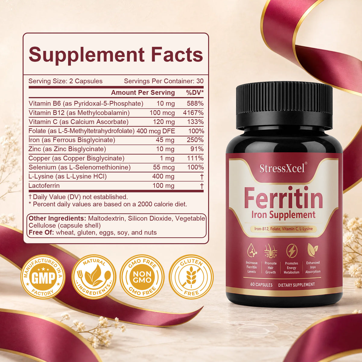 Ferritin Iron Supplement Capsules | Iron, Vitamin B12, Folate & Vitamin C Complex for Energy Support