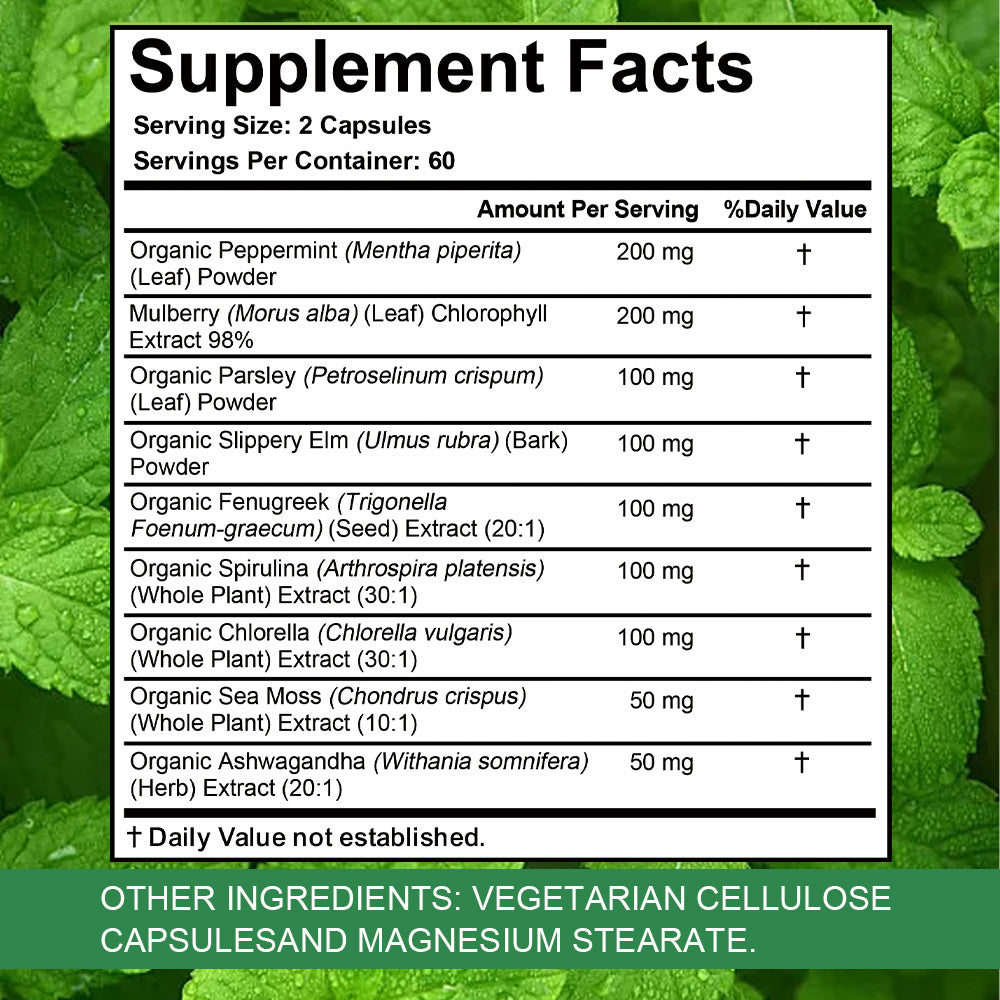 StressXcel® All-In-One Chlorophyll & Peppermint Supplement – Slippery Elm, Spirulina & Sea Moss Capsules for Body Odor, Breath Freshness & Gut Detox (120 Capsules)
