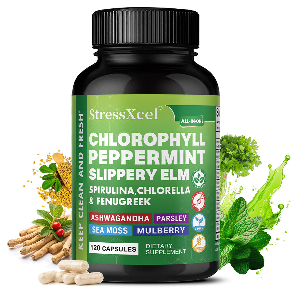 StressXcel® All-In-One Chlorophyll & Peppermint Supplement – Slippery Elm, Spirulina & Sea Moss Capsules for Body Odor, Breath Freshness & Gut Detox (120 Capsules)