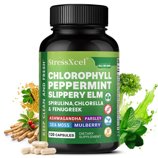 StressXcel® All-In-One Chlorophyll & Peppermint Supplement – Slippery Elm, Spirulina & Sea Moss Capsules for Body Odor, Breath Freshness & Gut Detox (120 Capsules)