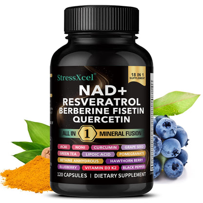 StressXcel® 18-in-1 NAD+ Supplement – Resveratrol, Berberine, Fisetin & Quercetin Capsules for Anti-Aging, Cellular Repair & Vitality (120 Capsules)