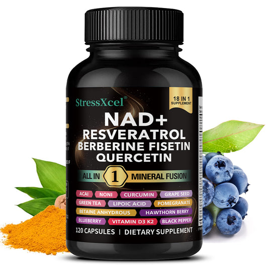 StressXcel® 18-in-1 NAD+ Supplement – Resveratrol, Berberine, Fisetin & Quercetin Capsules for Anti-Aging, Cellular Repair & Vitality (120 Capsules)