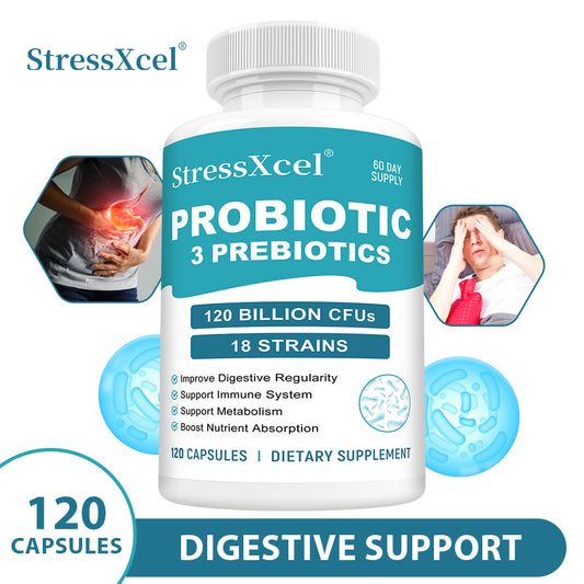 StressXcel® 120 Billion CFU Probiotics with 3 Prebiotics – 18 Strains Supplement for Digestive Health, Gut Balance & Immune Support (120 Capsules)