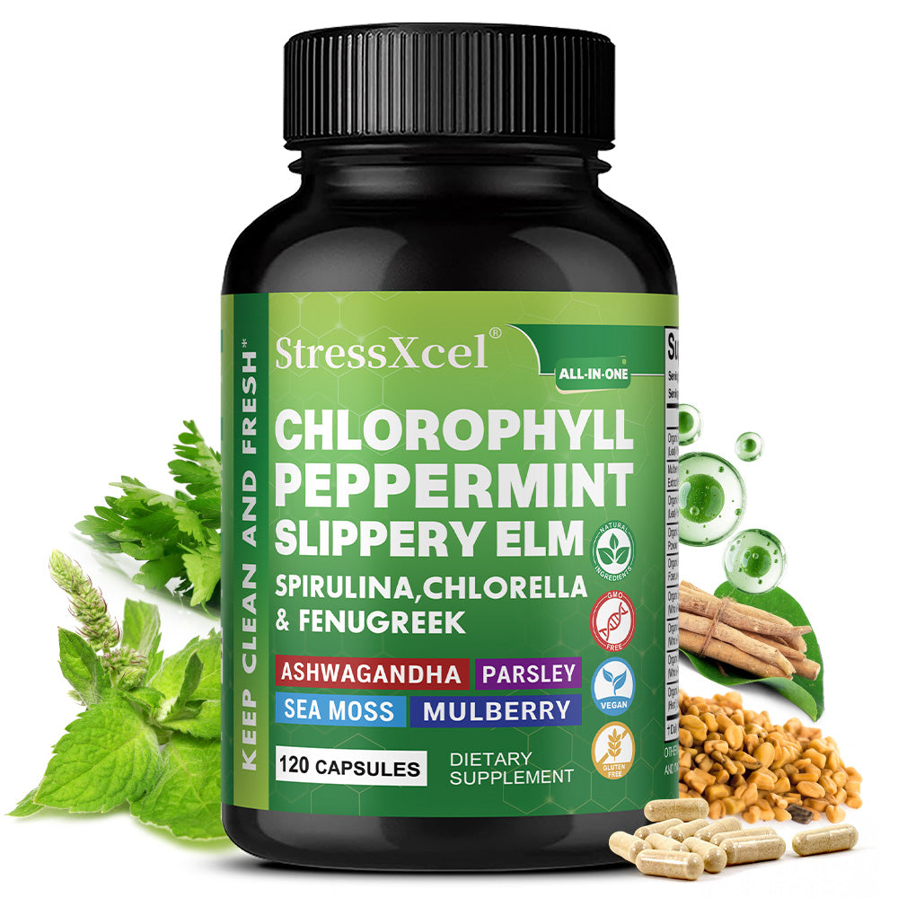 StressXcel® All-In-One Chlorophyll & Peppermint Supplement – Slippery Elm, Spirulina & Sea Moss Capsules for Body Odor, Breath Freshness & Gut Detox (120 Capsules)
