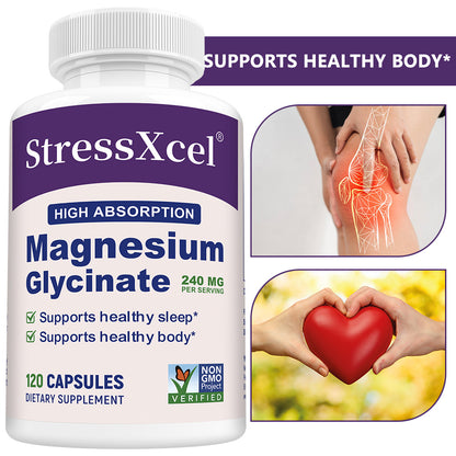 StressXcel® High Absorption Magnesium Glycinate 240mg – Premium Sleep, Muscle Relaxation & Calm Support Supplement (120 Capsules)
