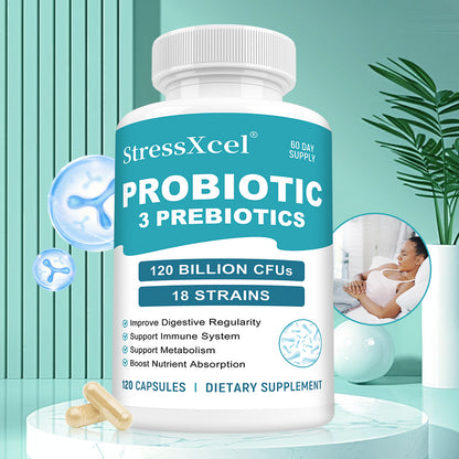StressXcel® 120 Billion CFU Probiotics with 3 Prebiotics – 18 Strains Supplement for Digestive Health, Gut Balance & Immune Support (120 Capsules)