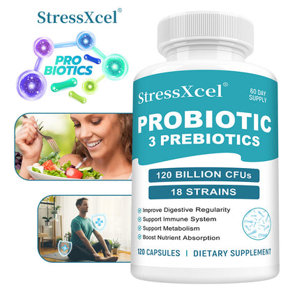 StressXcel® 120 Billion CFU Probiotics with 3 Prebiotics – 18 Strains Supplement for Digestive Health, Gut Balance & Immune Support (120 Capsules)